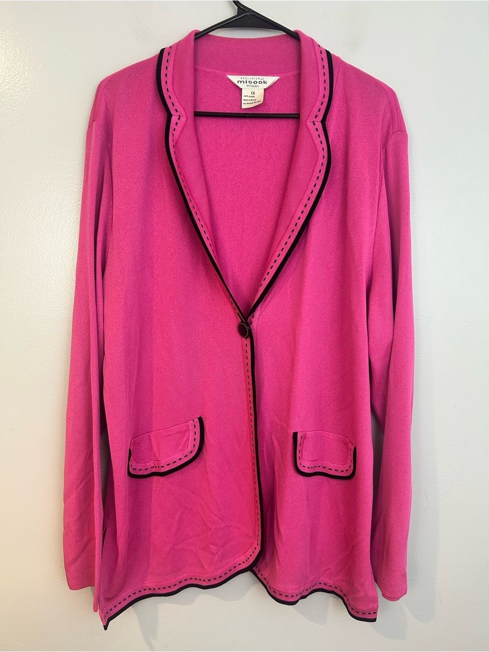 Misook Pink/Black Open Front Button Long Sleeve Front Pocket Acrylic Sweater 1X